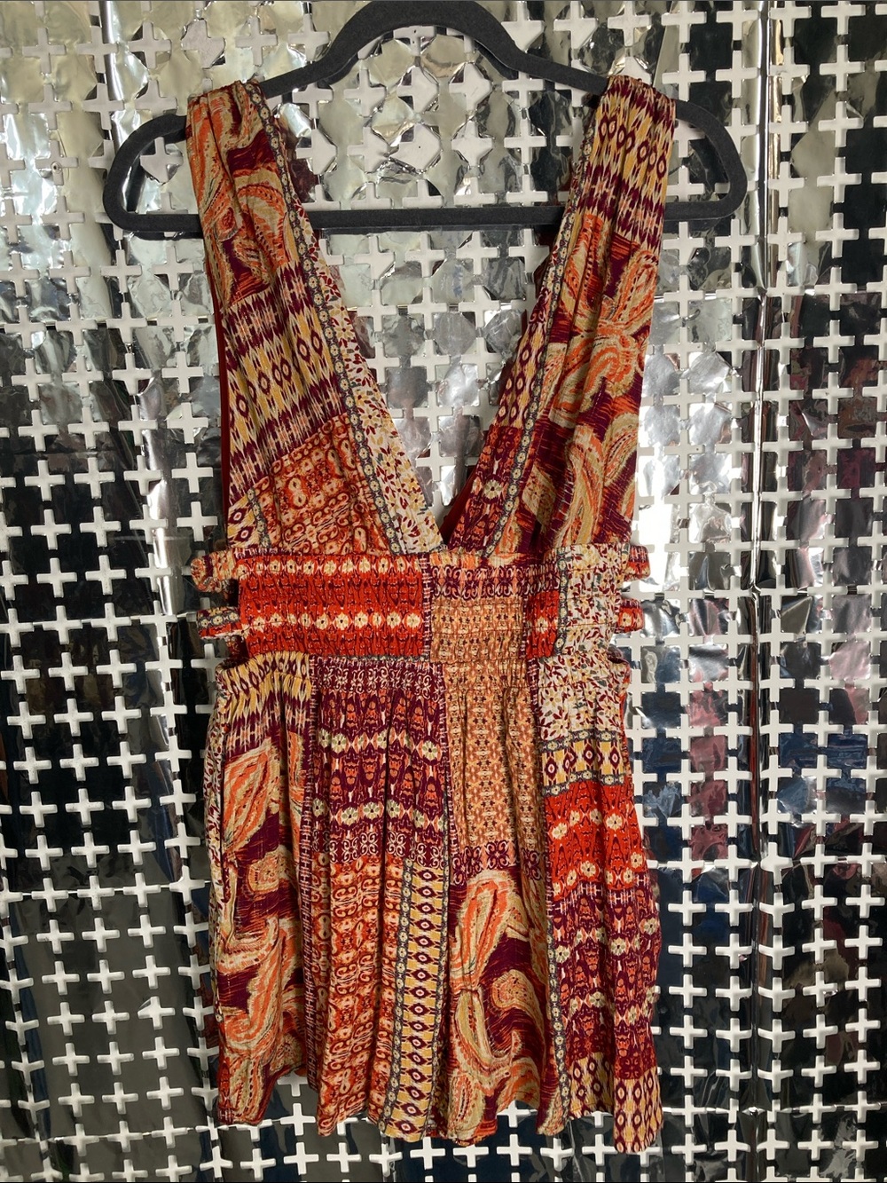 Fashion Nova Patchwork V-Neck Mini Dress in Burnt Orange and Burgundy
